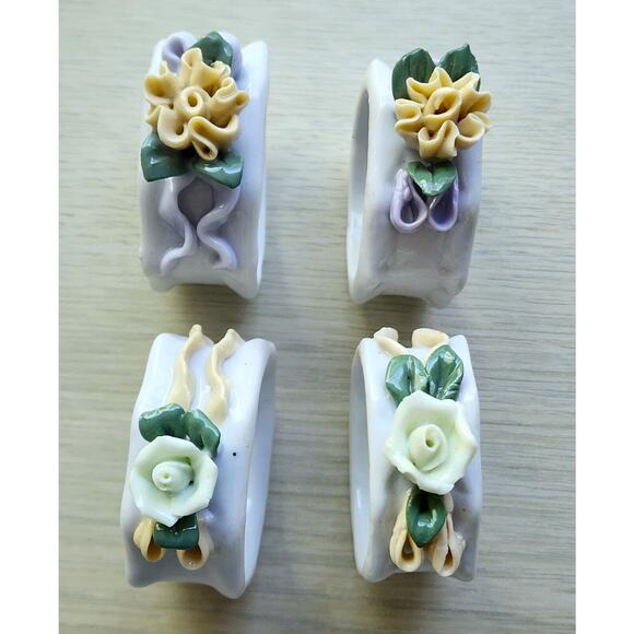 NAPKIN RINGS-Porcelain-3D Flowers-Yellow-Green-Set of 4 - Picture 8 of 16